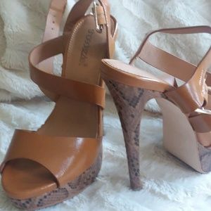 Cognac and snakeskin heeled sandals